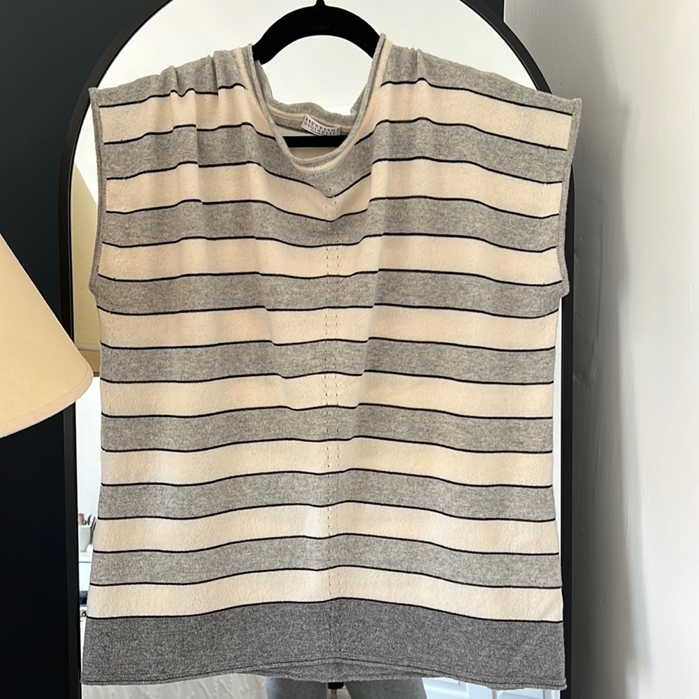 NWT Brunello Cucinelli 100% cashmere pullover vest striped grey white